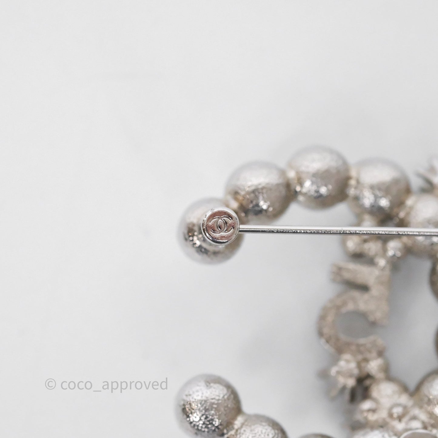 Chanel CC No5 Pearl Crystal Brooch Silver Tone 23P
