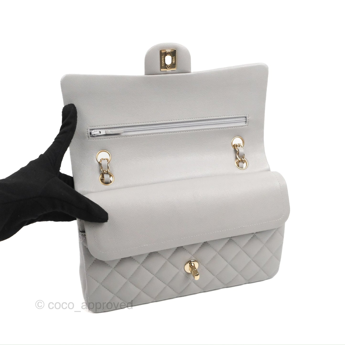 Chanel Classic M/L Medium Double Flap Grey Caviar Gold Hardware