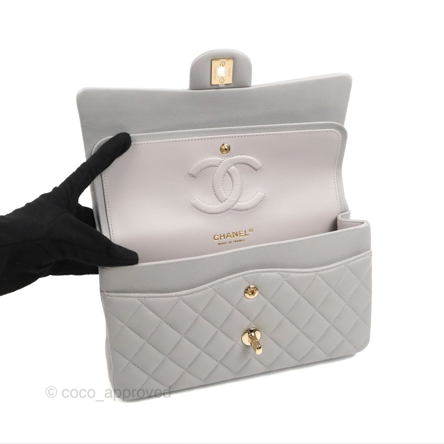 Chanel Classic M/L Medium Double Flap Grey Caviar Gold Hardware