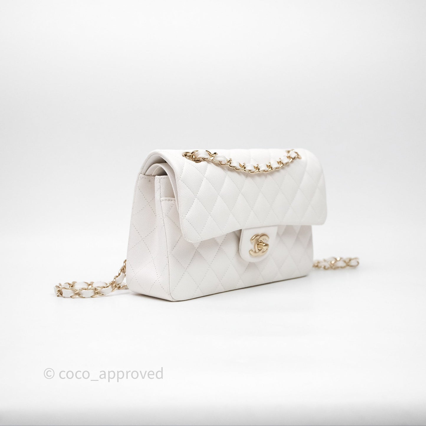 Chanel Small Classic Quilted Flap White Caviar Gold Hardware