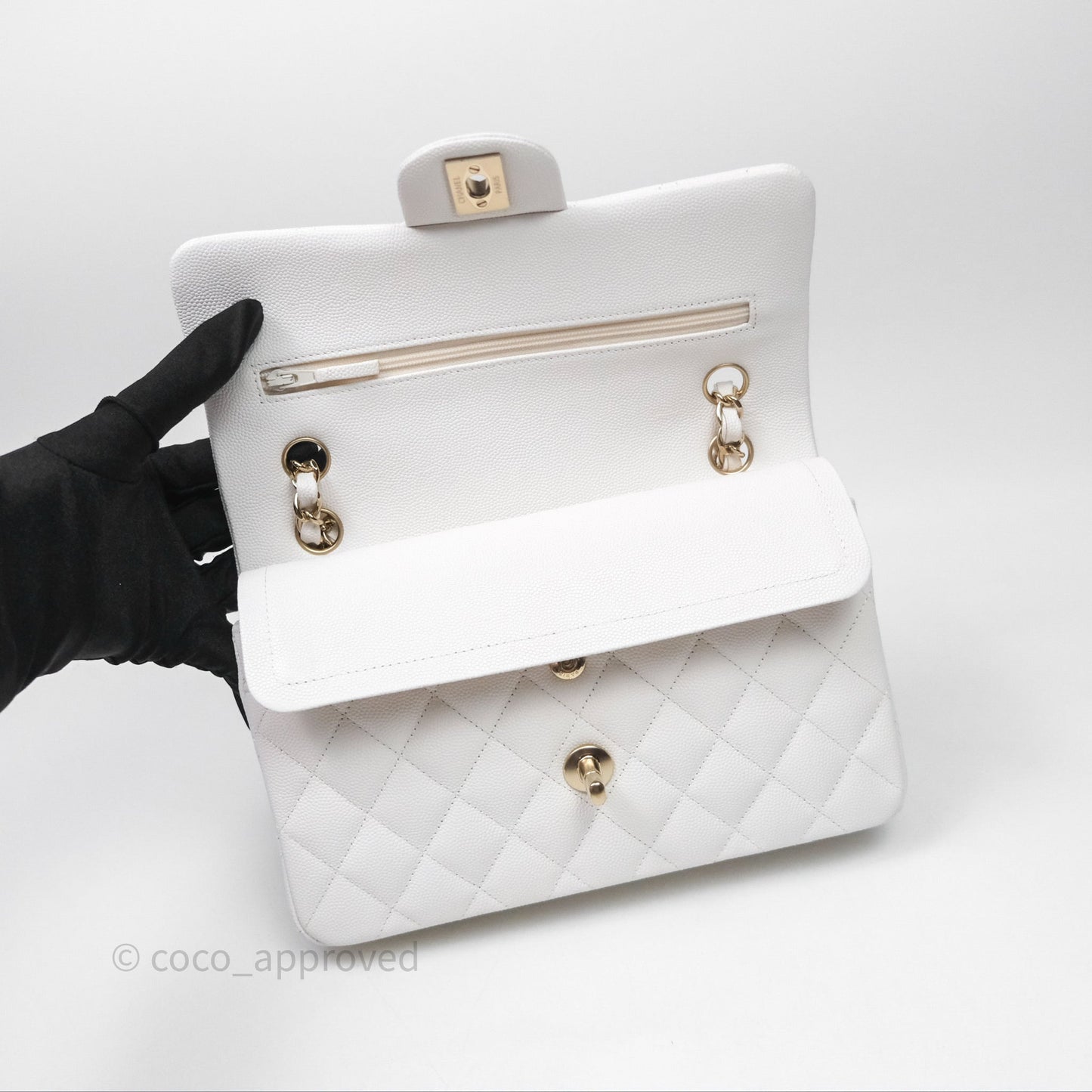 Chanel Small Classic Quilted Flap White Caviar Gold Hardware
