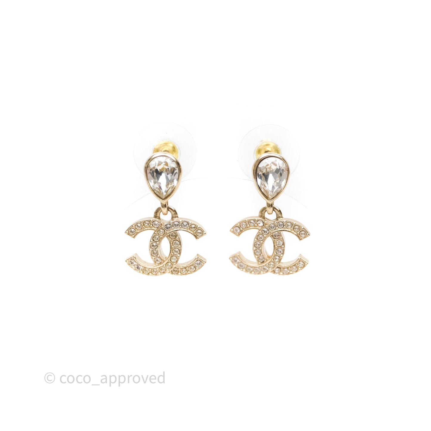 Chanel CC Crystals Drop Earrings Gold Tone 25A