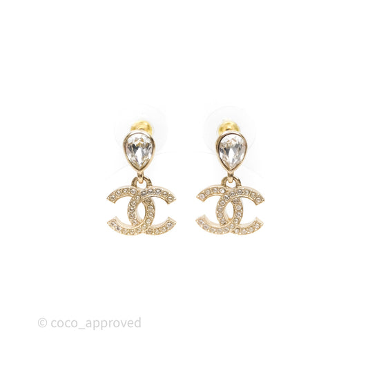 Chanel CC Crystals Drop Earrings Gold Tone 25A