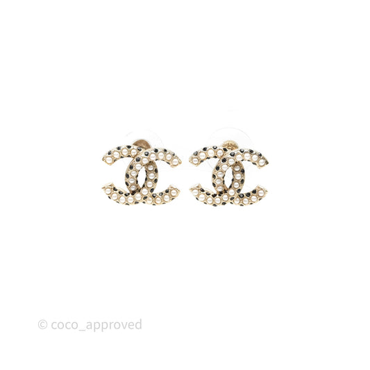Chanel CC Crystals Pearl Earrings Gold Tone 21A