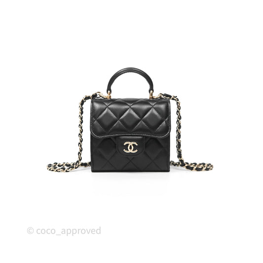 Chanel Mini Handle Clutch With Chain Black Lambskin Gold Hardware