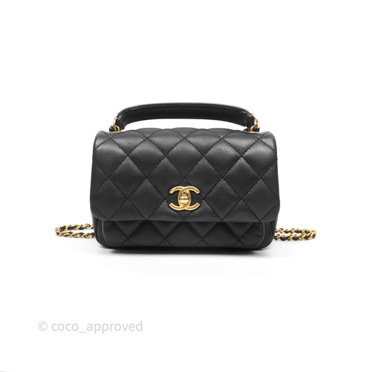 Chanel Mini Flap Top Handle Black Calfskin Aged Gold Hardware