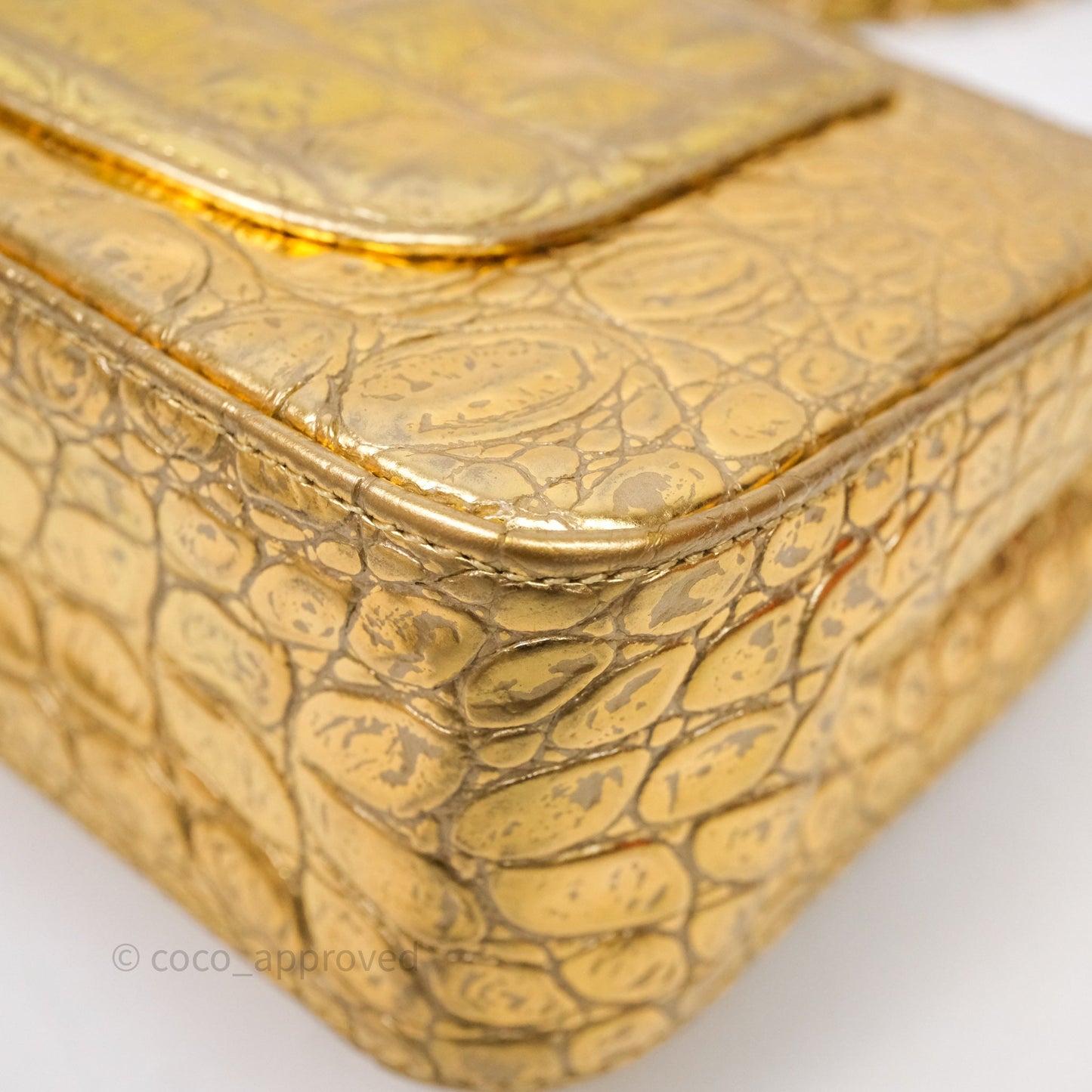 Chanel Mini Rectangular Gold Metallic Calfskin Crocodile Embossed