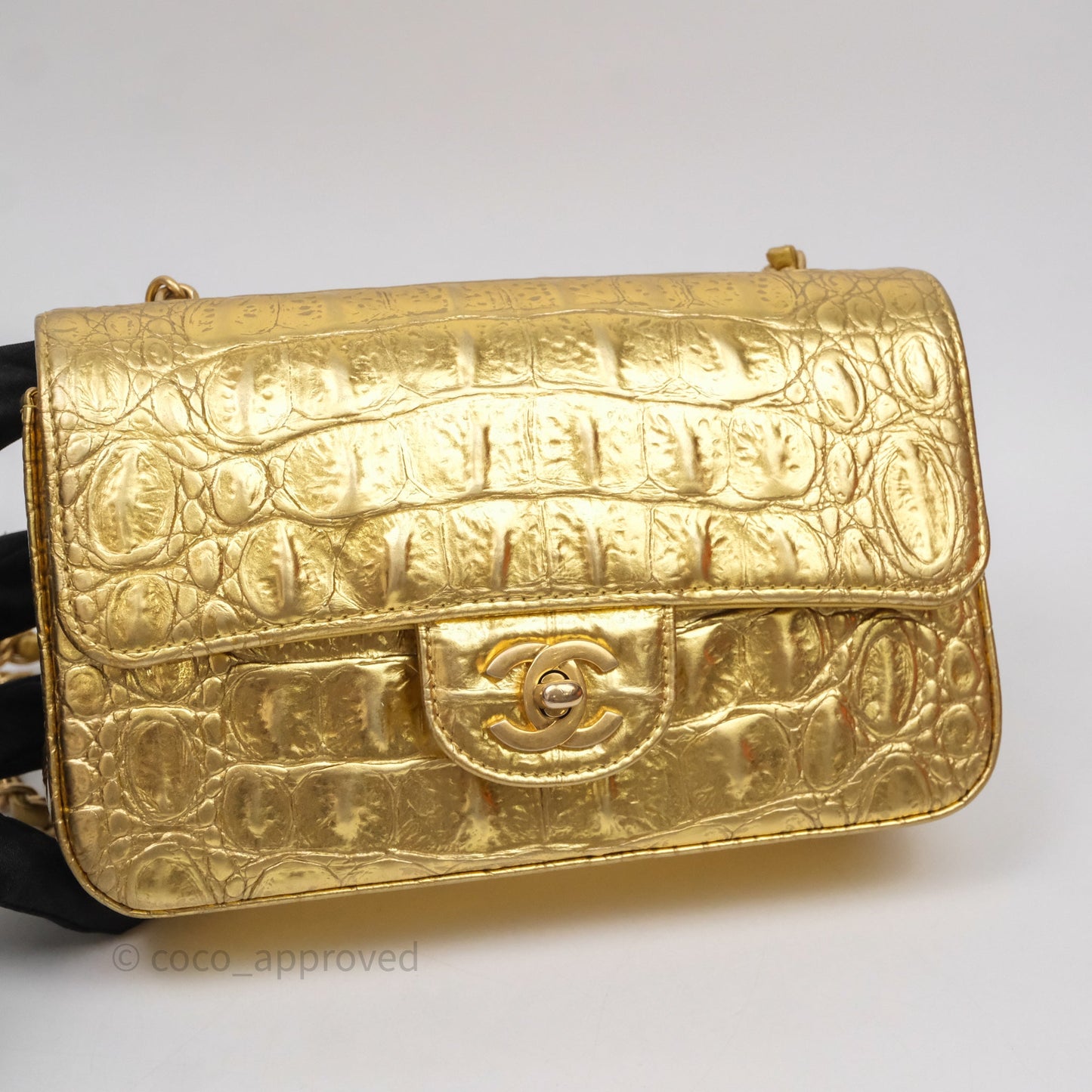 Chanel Mini Rectangular Gold Metallic Calfskin Crocodile Embossed