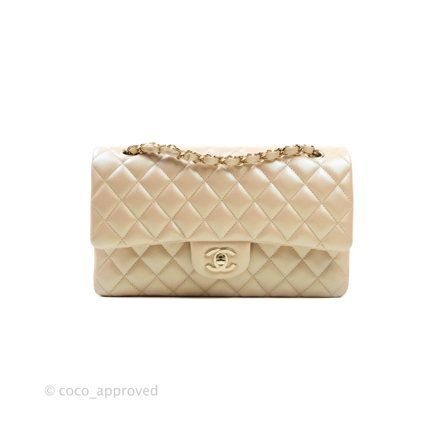 Chanel Classic M/L Medium Double Flap Iridescent Beige Calfskin Gold Hardware 21S