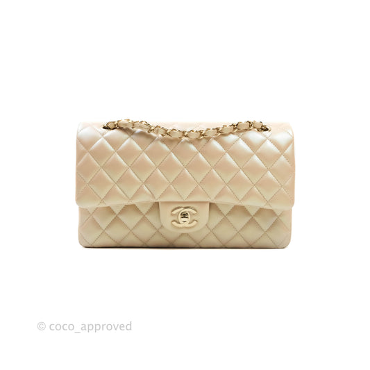 Chanel Classic M/L Medium Double Flap Iridescent Beige Calfskin Gold Hardware 21S