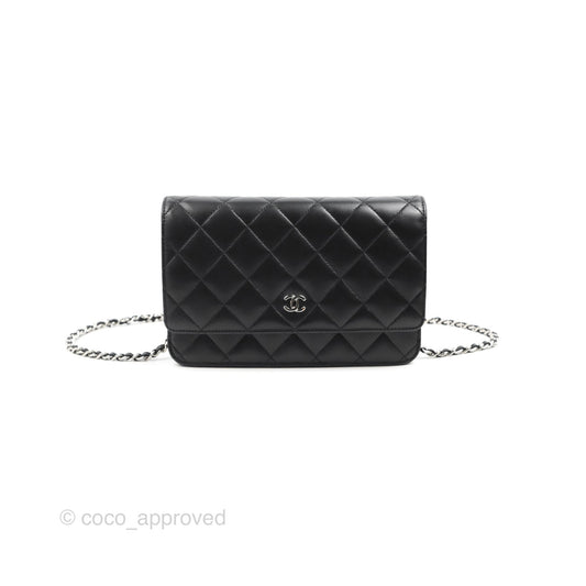 Chanel Quilted Classic Wallet on Chain WOC Black Lambskin Silver Hardware