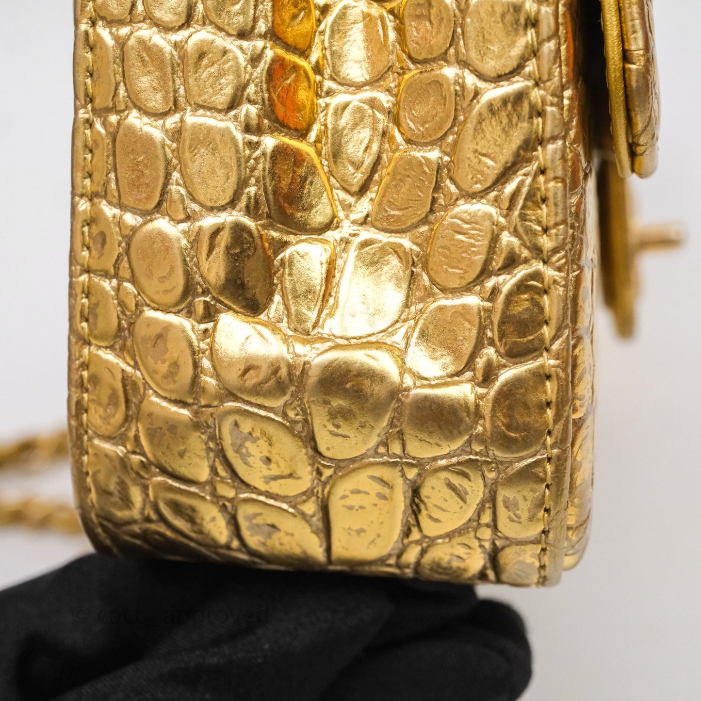 Chanel Mini Rectangular Gold Metallic Calfskin Crocodile Embossed