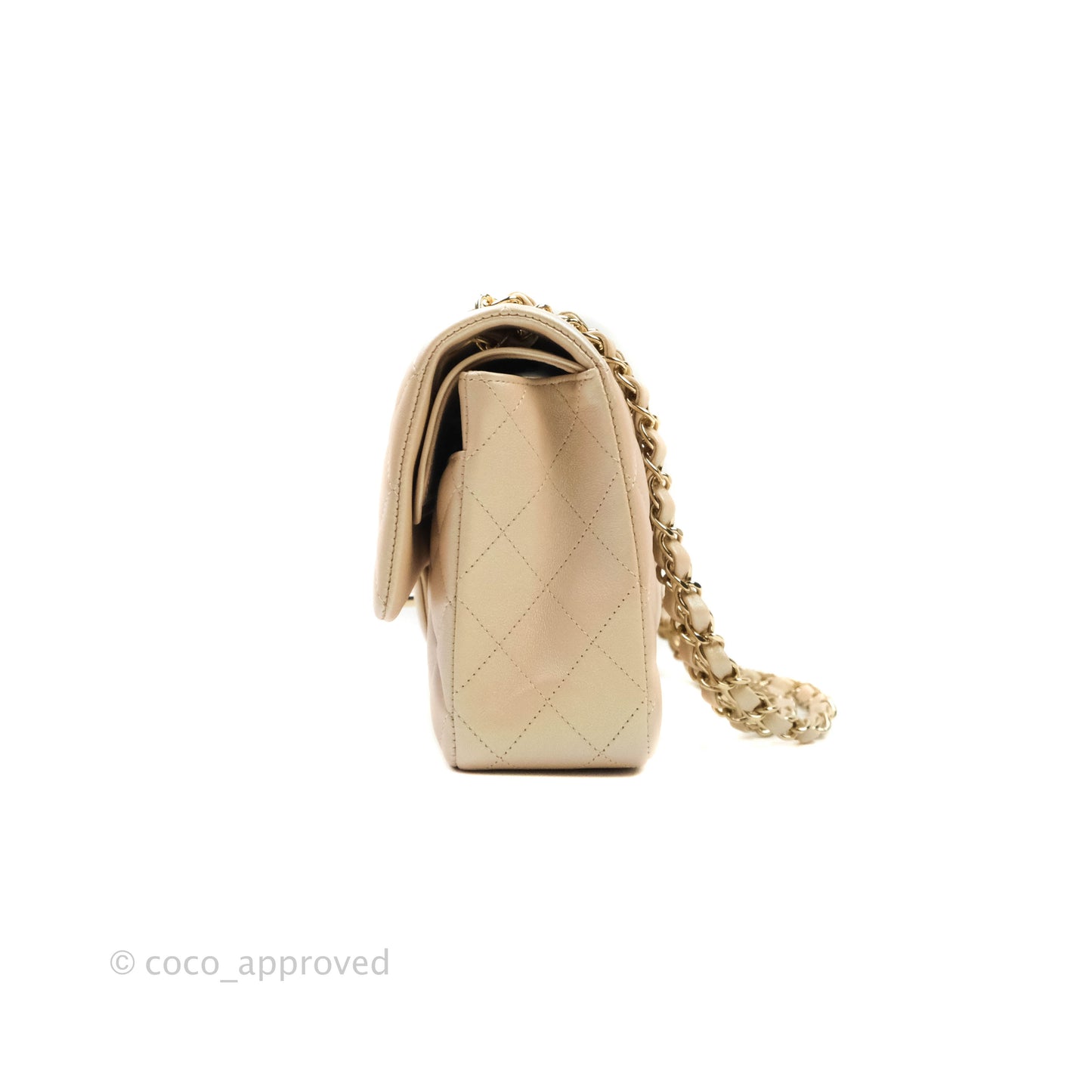 Chanel Classic M/L Medium Double Flap Iridescent Beige Calfskin Gold Hardware 21S