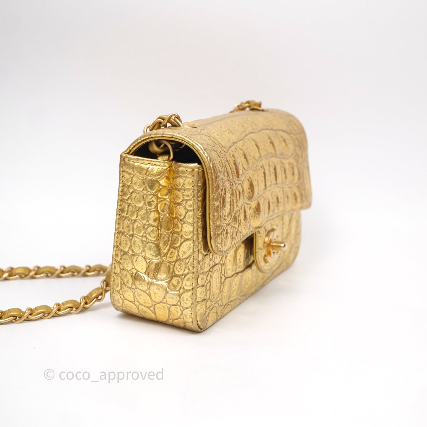 Chanel Mini Rectangular Gold Metallic Calfskin Crocodile Embossed