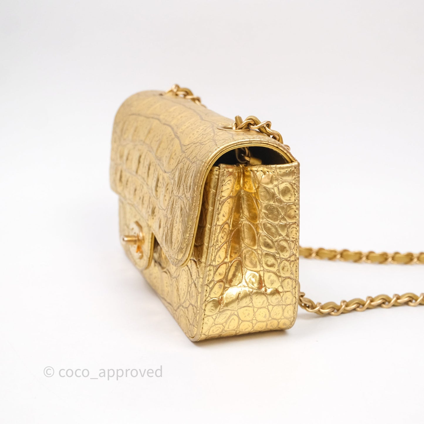 Chanel Mini Rectangular Gold Metallic Calfskin Crocodile Embossed
