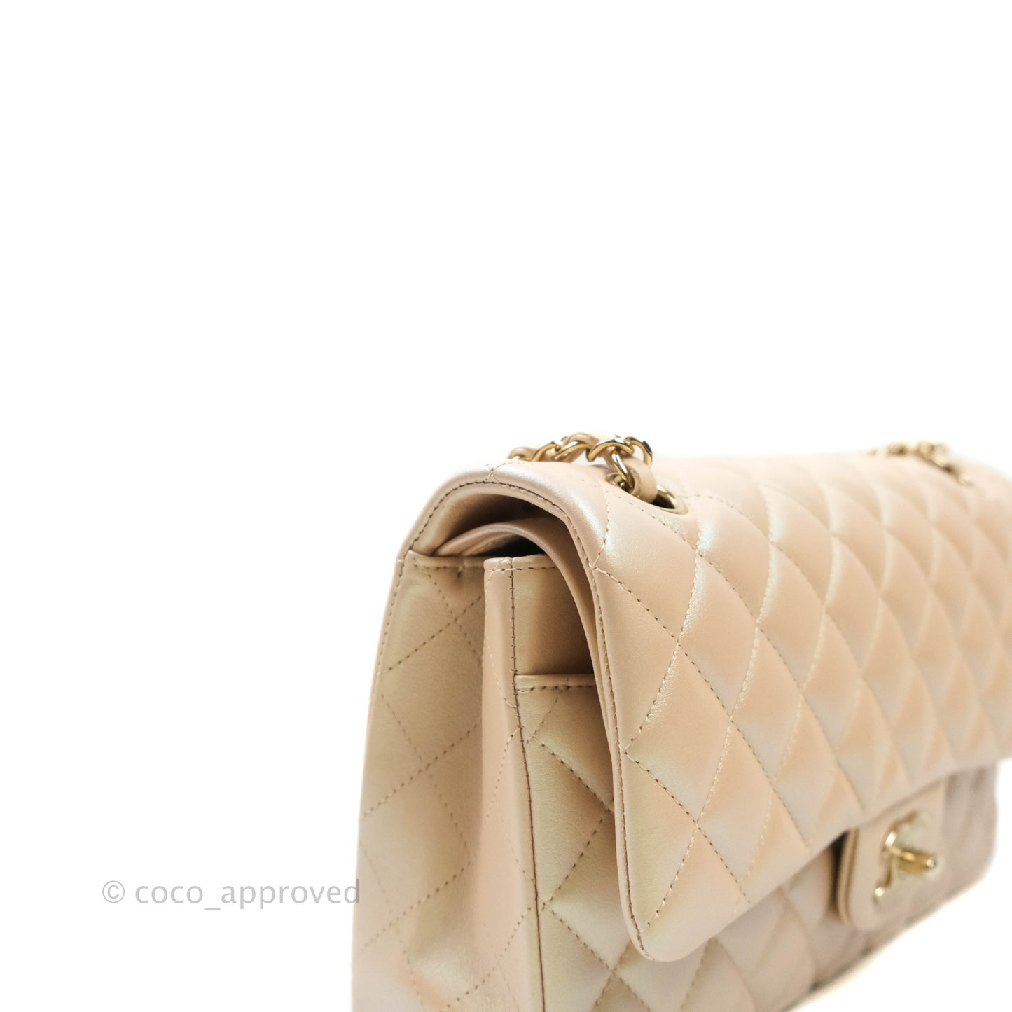 Chanel Classic M/L Medium Double Flap Iridescent Beige Calfskin Gold Hardware 21S