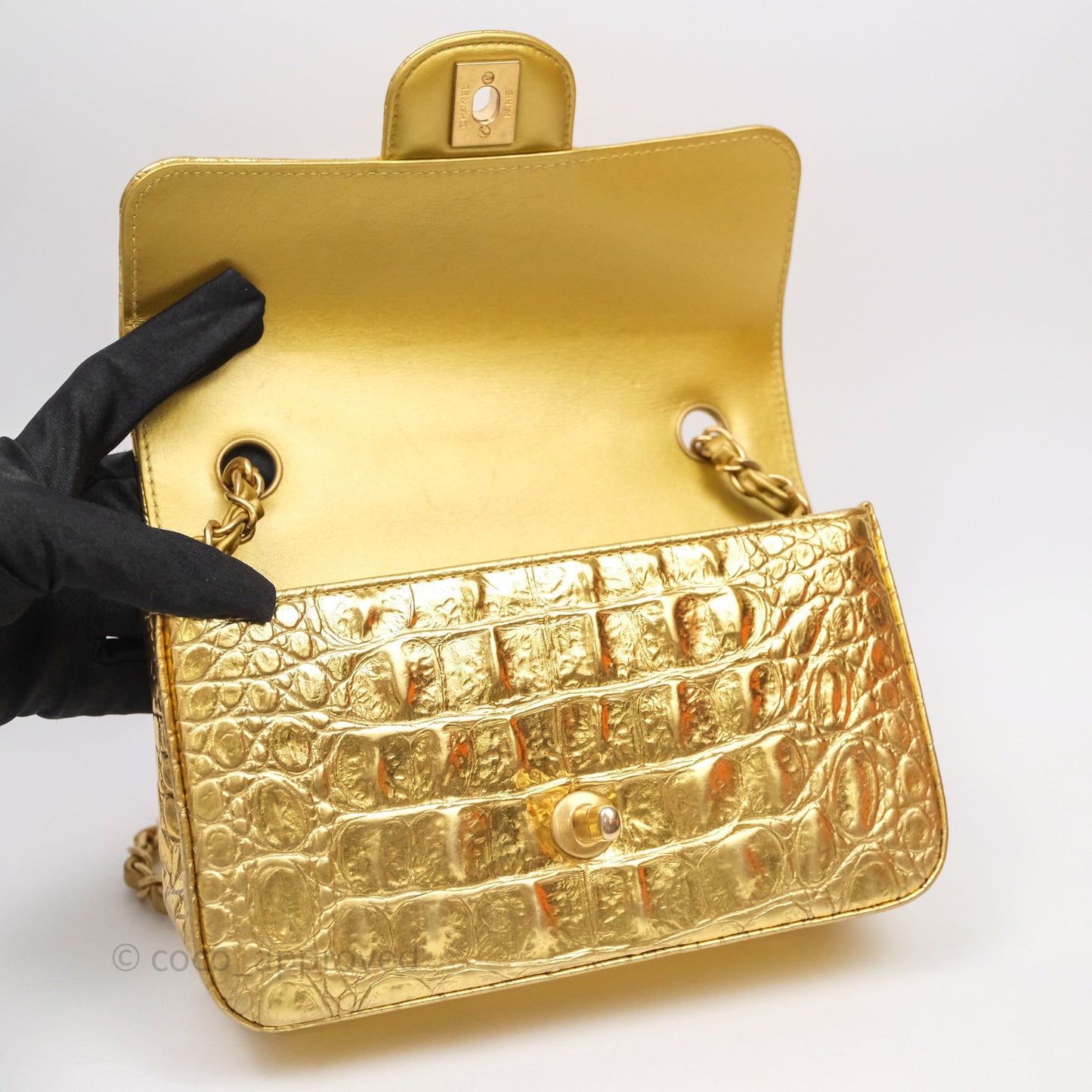 Chanel Mini Rectangular Gold Metallic Calfskin Crocodile Embossed