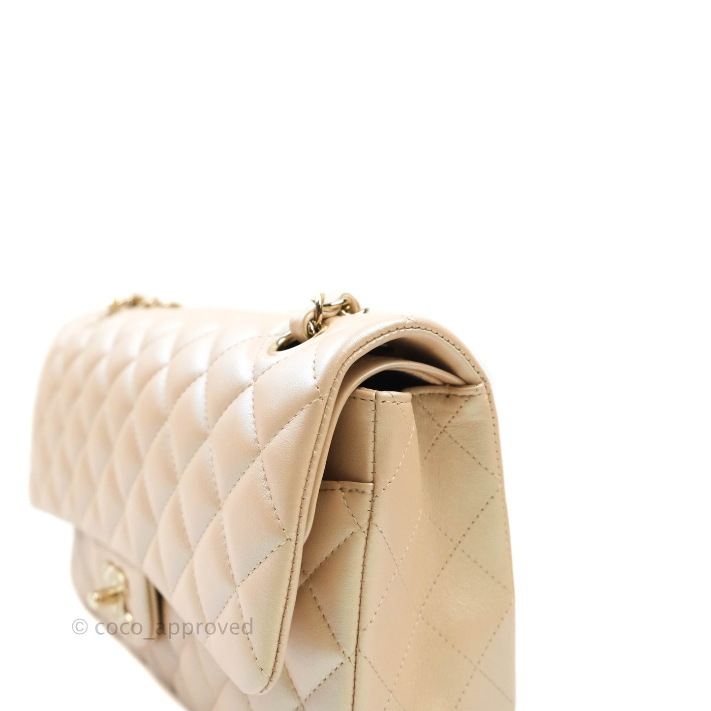 Chanel Classic M/L Medium Double Flap Iridescent Beige Calfskin Gold Hardware 21S