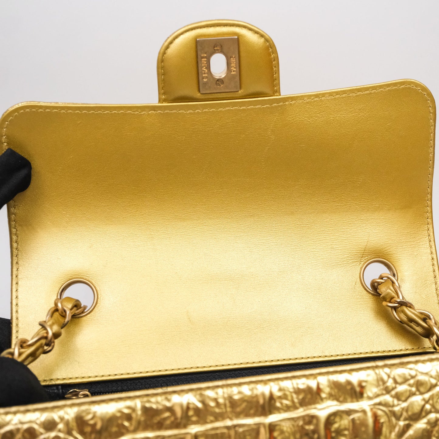 Chanel Mini Rectangular Gold Metallic Calfskin Crocodile Embossed