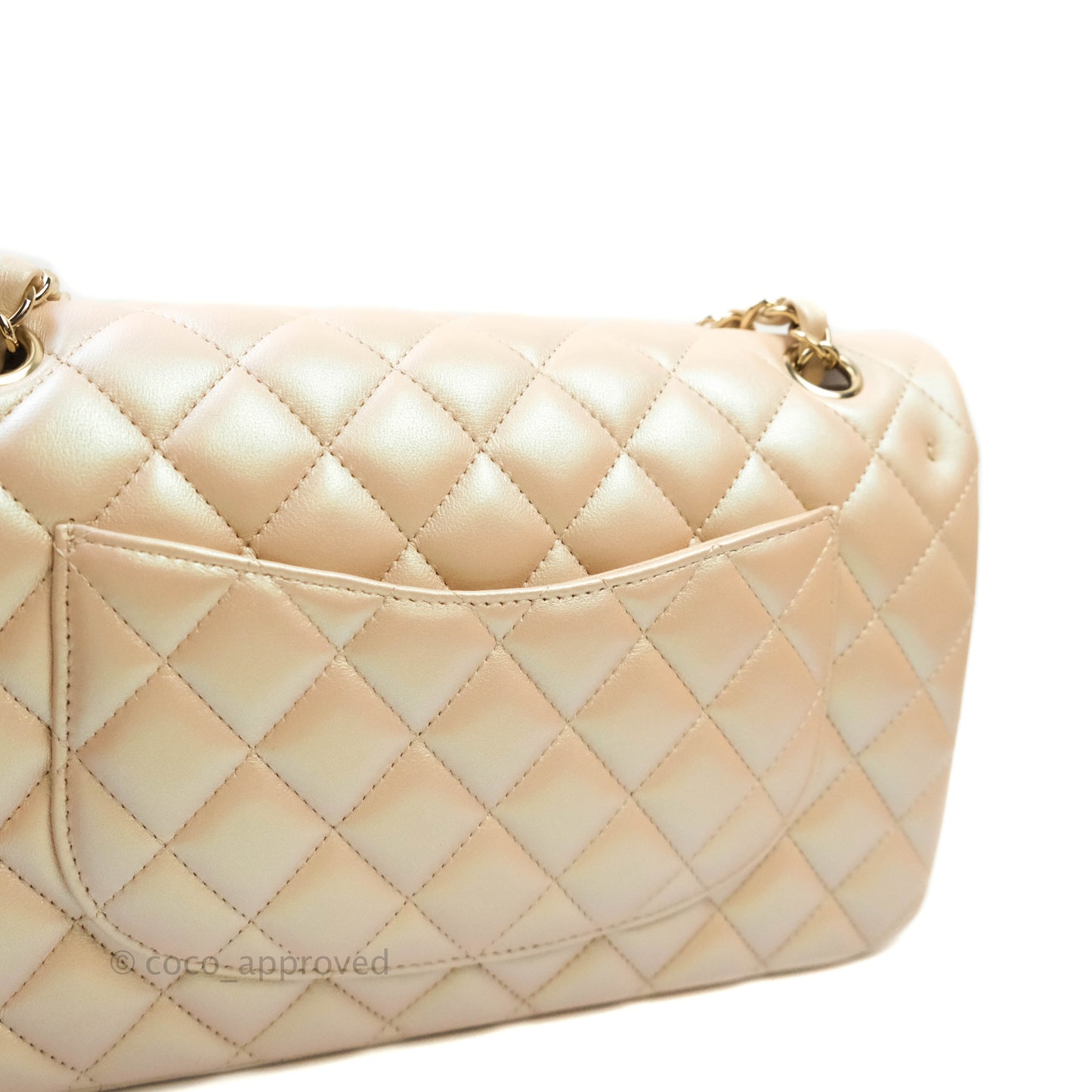 Chanel Classic M/L Medium Double Flap Iridescent Beige Calfskin Gold Hardware 21S