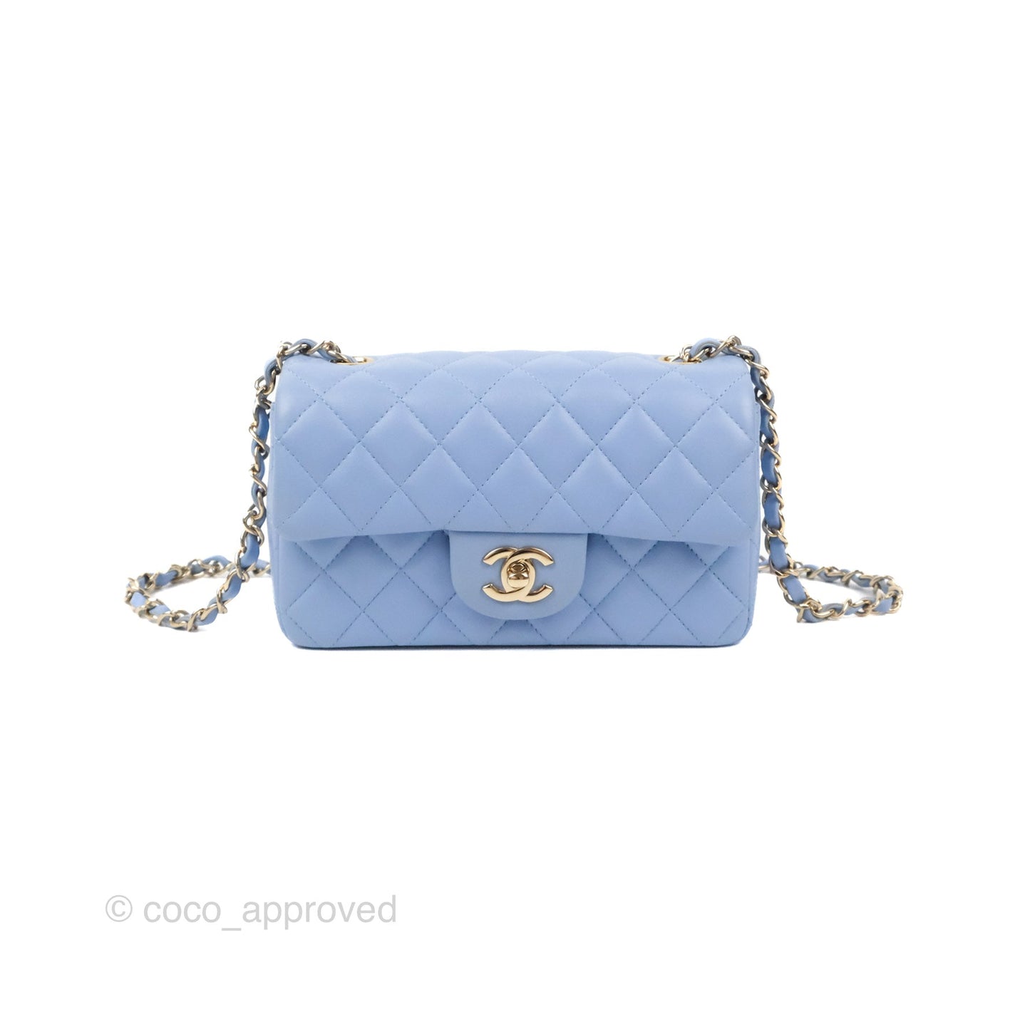 Chanel Quilted Mini Rectangular Flap Sky Blue Lambskin Gold Hardware