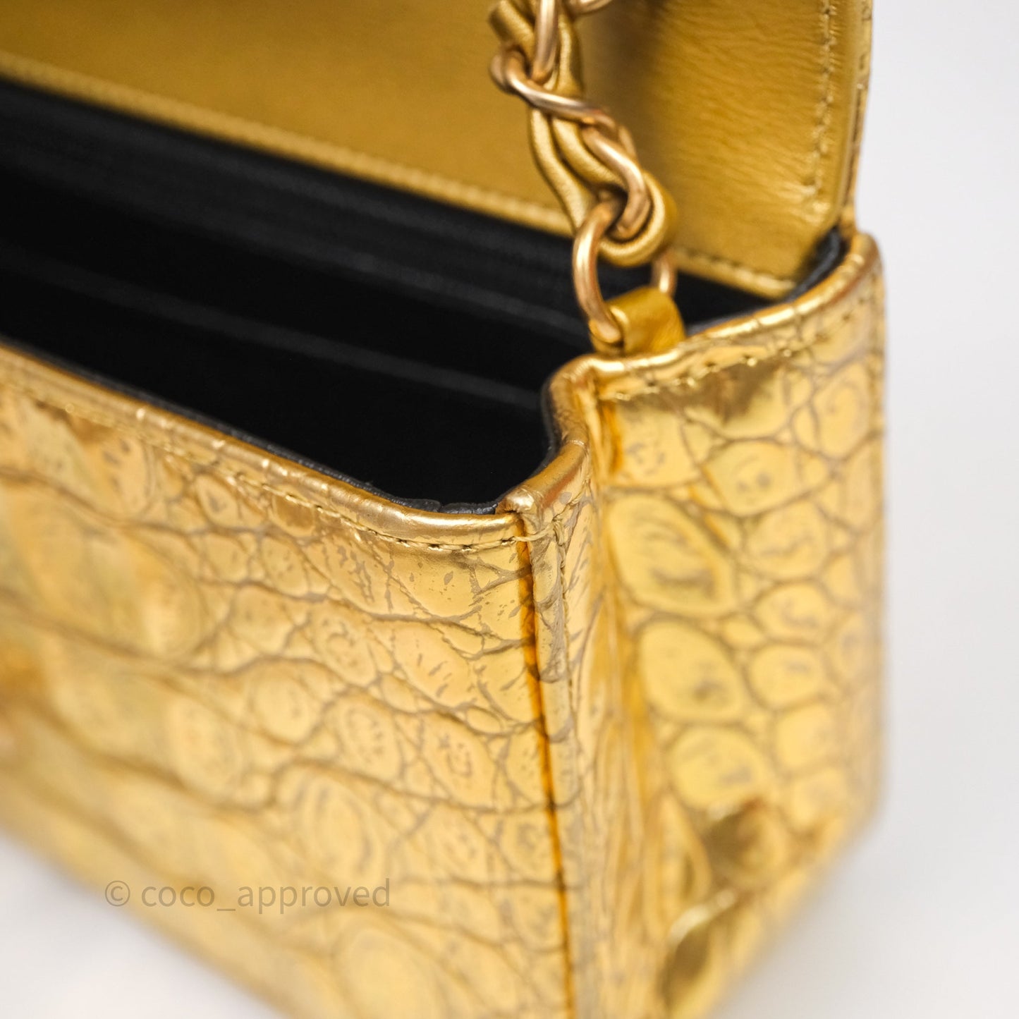 Chanel Mini Rectangular Gold Metallic Calfskin Crocodile Embossed