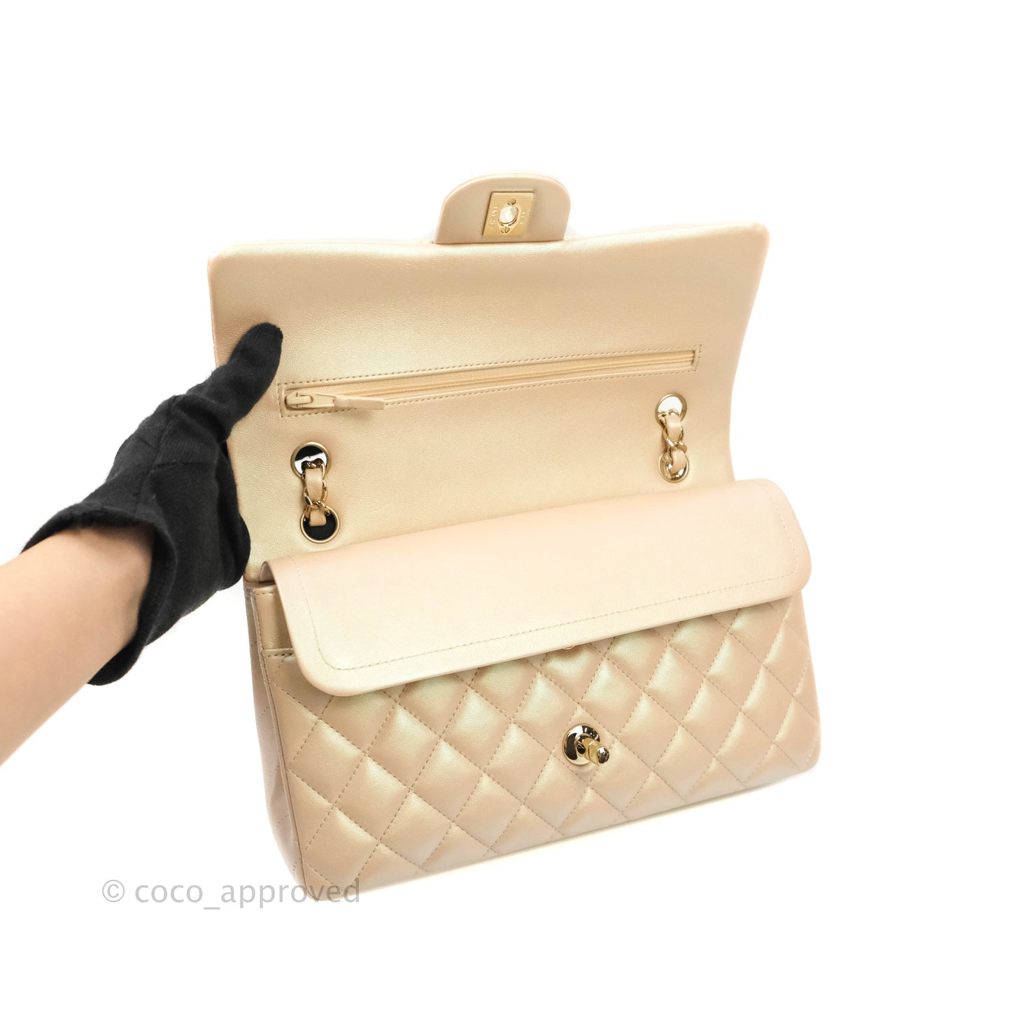 Chanel Classic M/L Medium Double Flap Iridescent Beige Calfskin Gold Hardware 21S