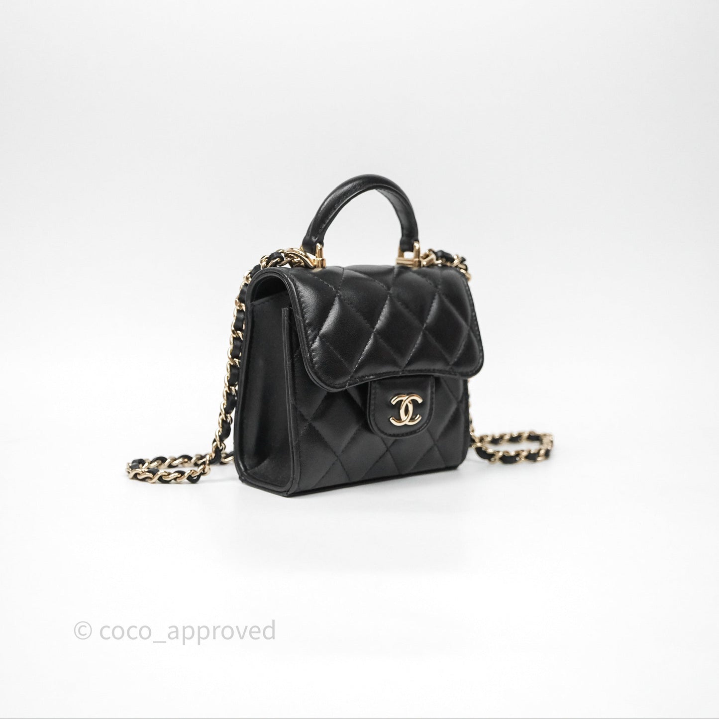 Chanel Mini Handle Clutch With Chain Black Lambskin Gold Hardware