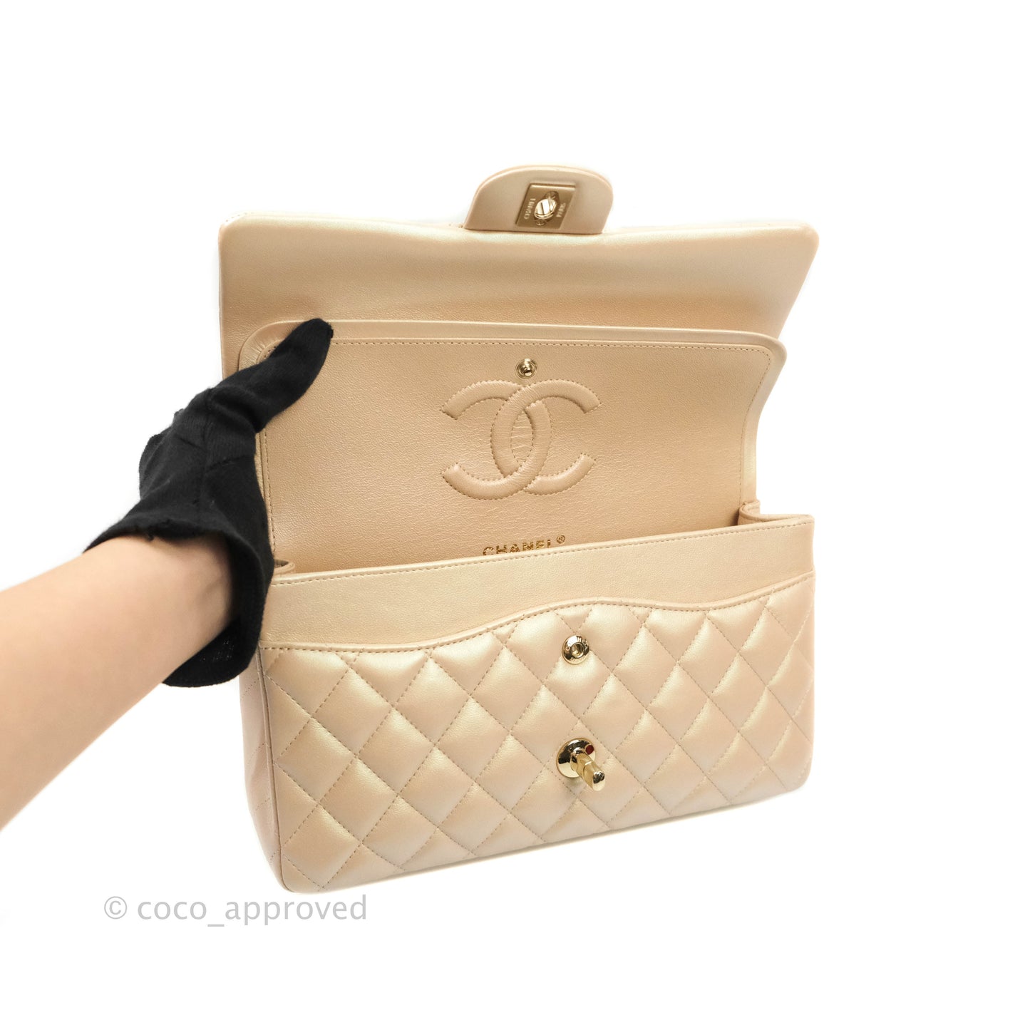 Chanel Classic M/L Medium Double Flap Iridescent Beige Calfskin Gold Hardware 21S