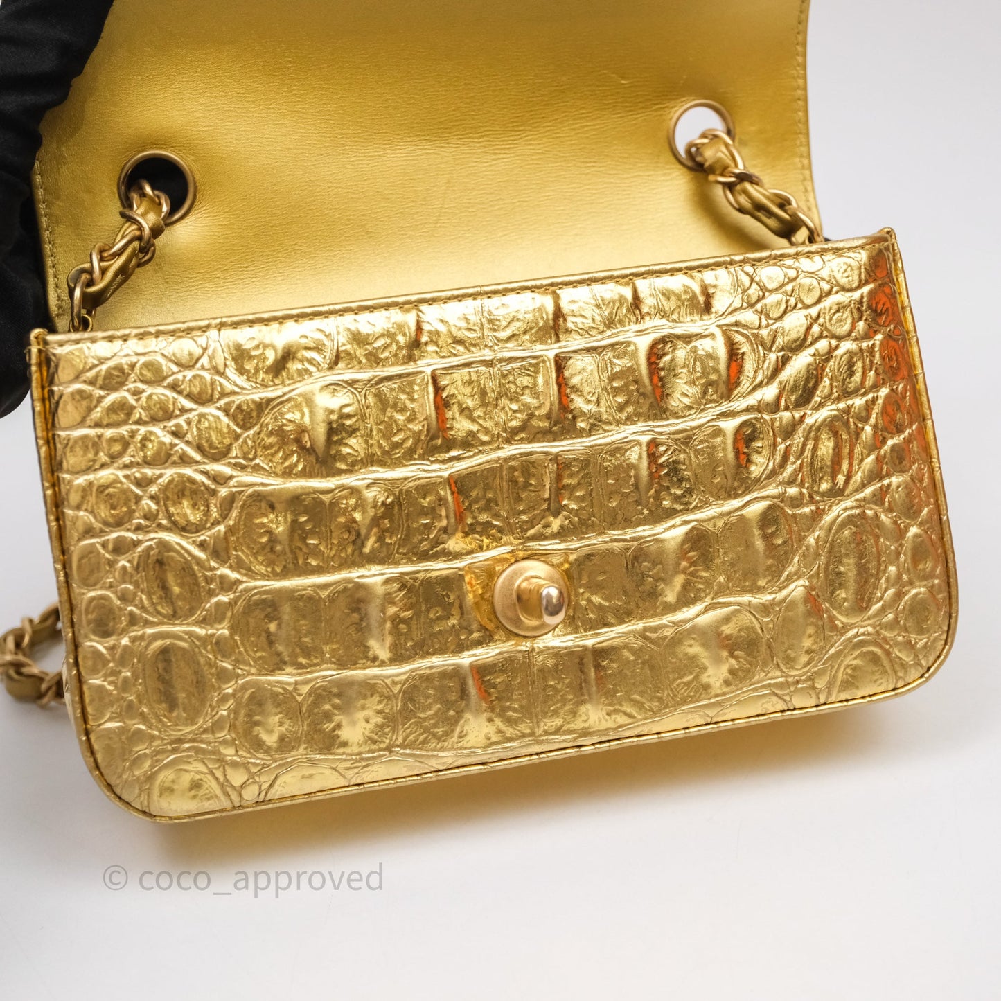Chanel Mini Rectangular Gold Metallic Calfskin Crocodile Embossed