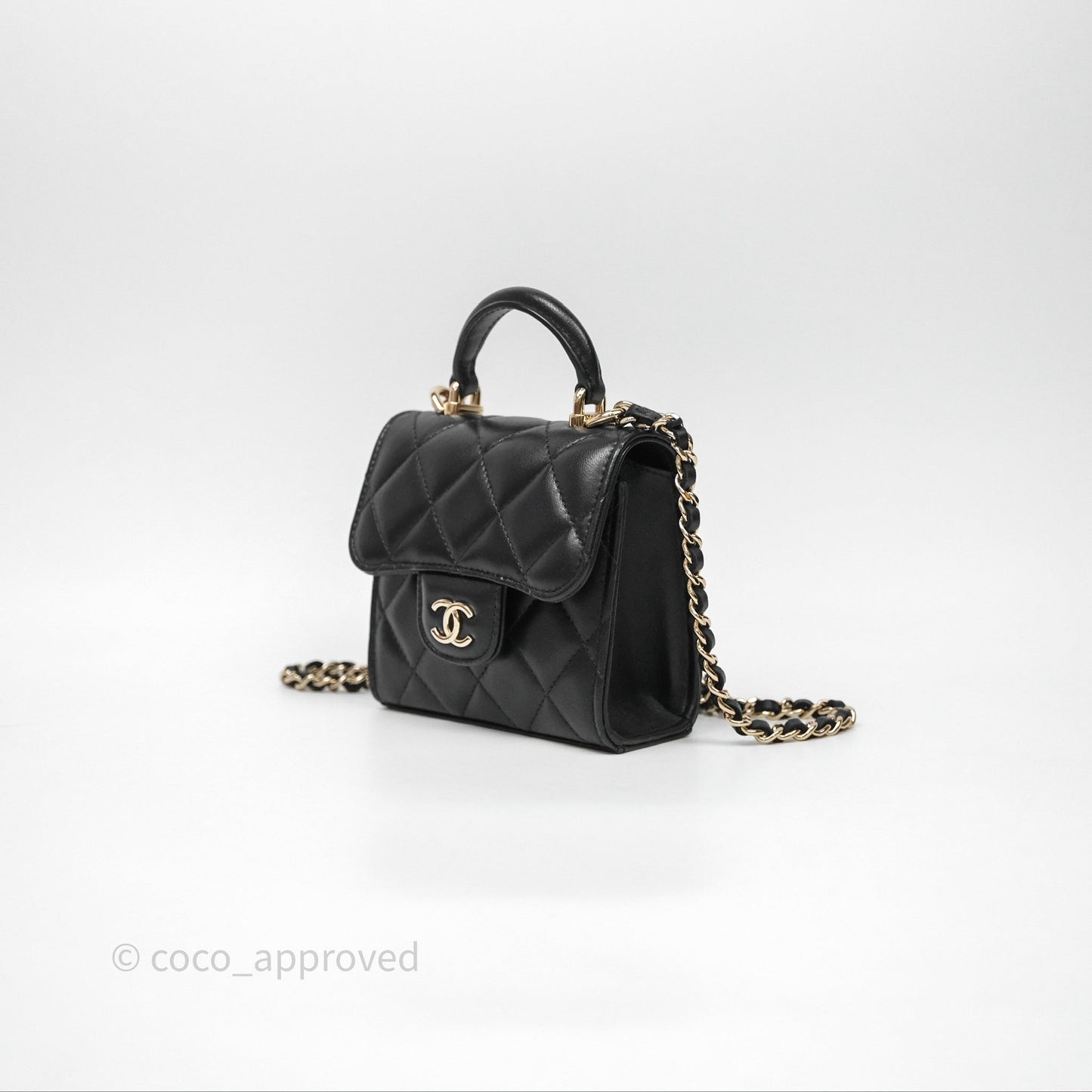 Chanel Mini Handle Clutch With Chain Black Lambskin Gold Hardware