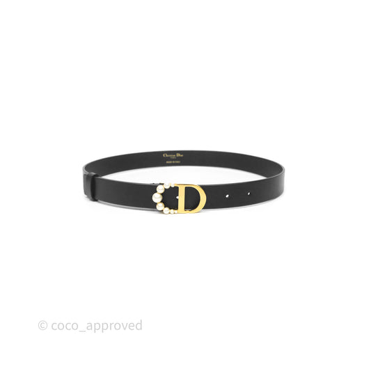 Christian Dior Pearl Belt Black Calfskin Gold Hardware Size 70