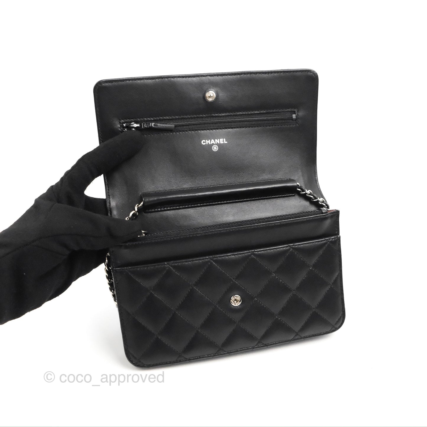 Chanel Quilted Classic Wallet on Chain WOC Black Lambskin Silver Hardware