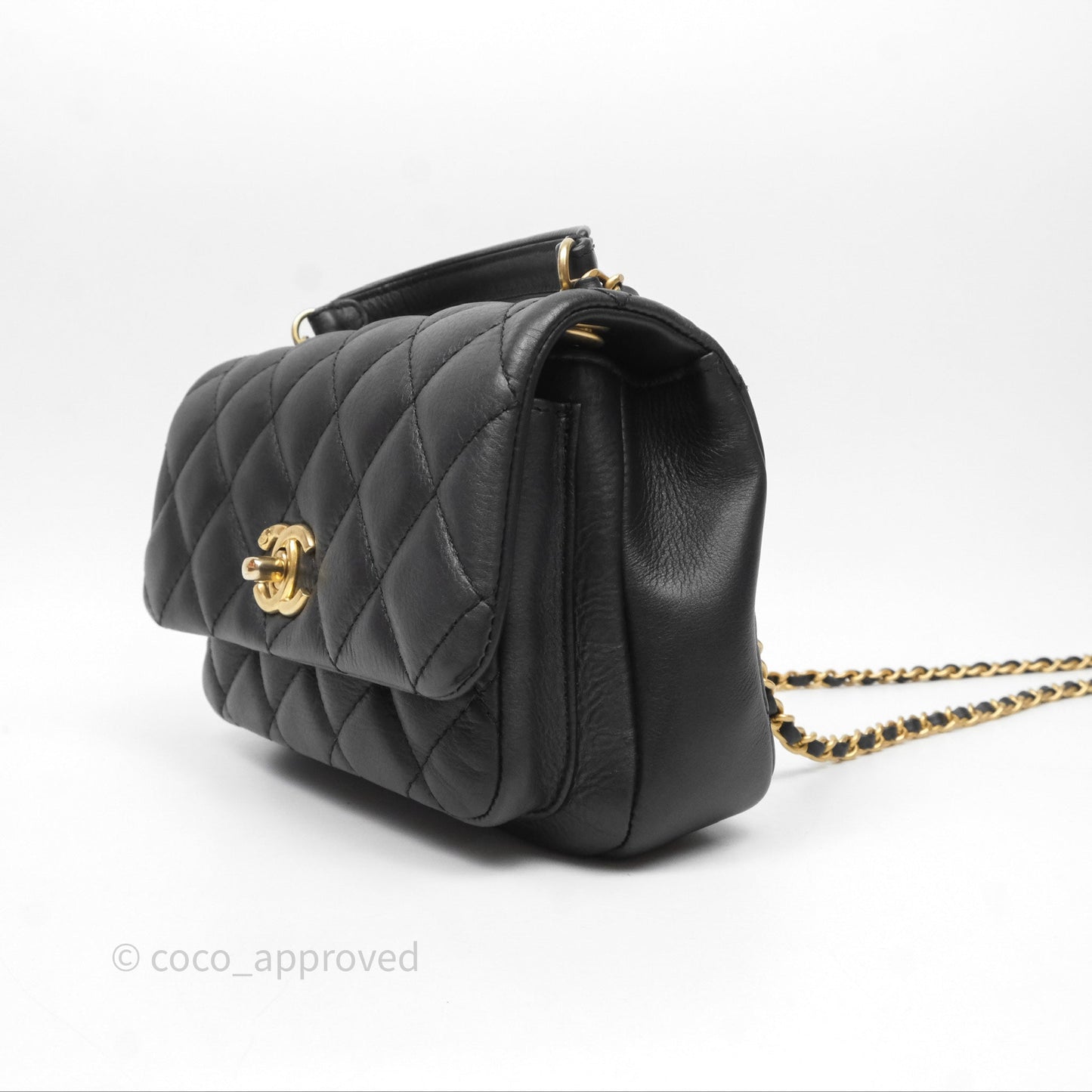 Chanel Mini Flap Top Handle Black Calfskin Aged Gold Hardware