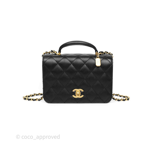 Chanel Quilted Accordion Flap Bag with Handle Black Caviar Aged Gold Hardware 23B