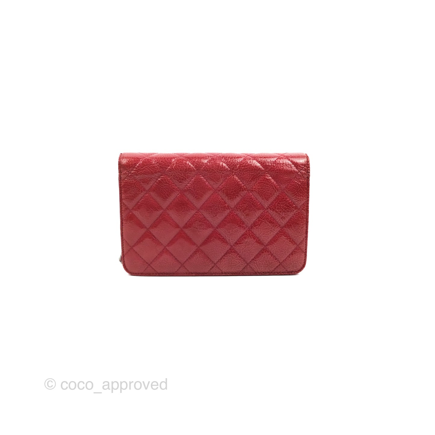 Chanel Quilted Paris Dallas Wallet On Chain WOC Patent Goatskin Cherry Red Ruthenium Hardware
