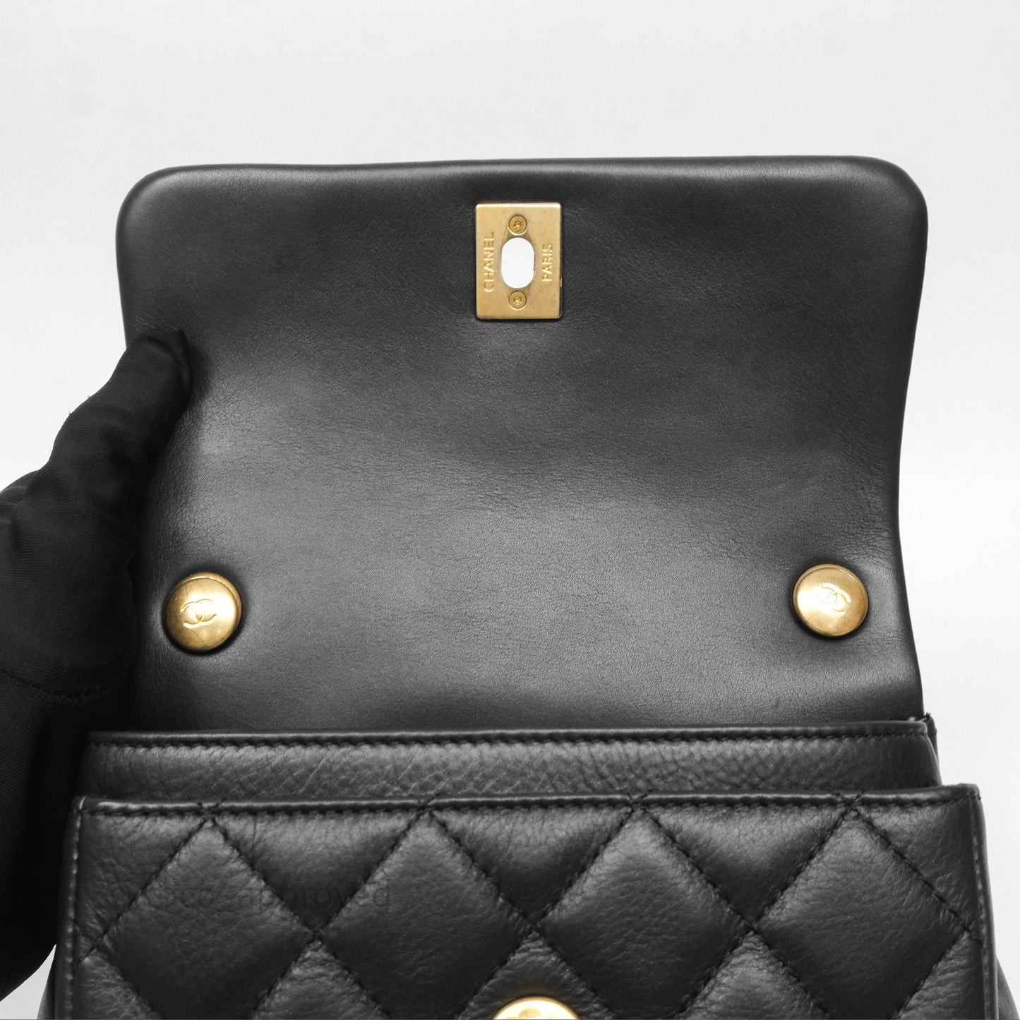 Chanel Mini Flap Top Handle Black Calfskin Aged Gold Hardware