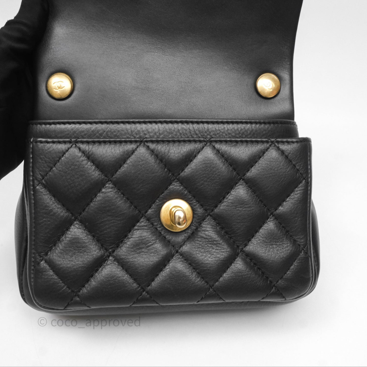 Chanel Mini Flap Top Handle Black Calfskin Aged Gold Hardware