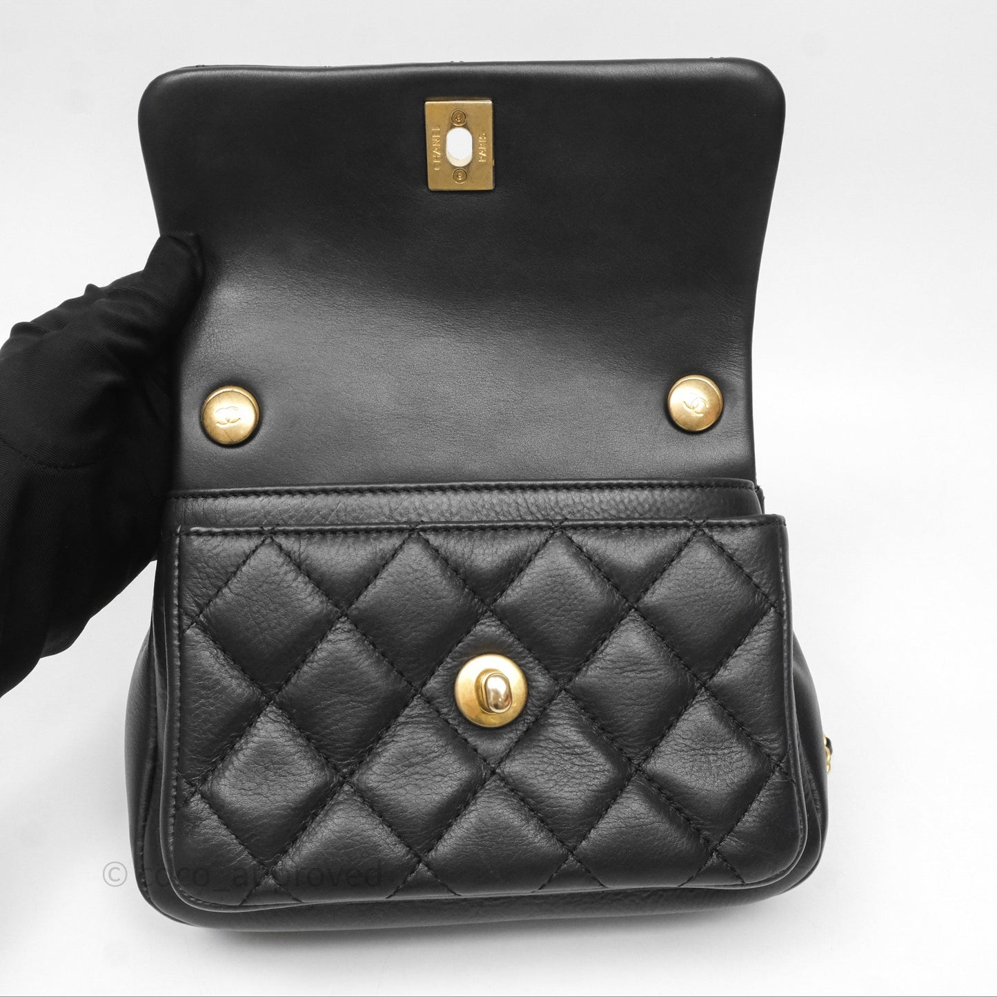 Chanel Mini Flap Top Handle Black Calfskin Aged Gold Hardware