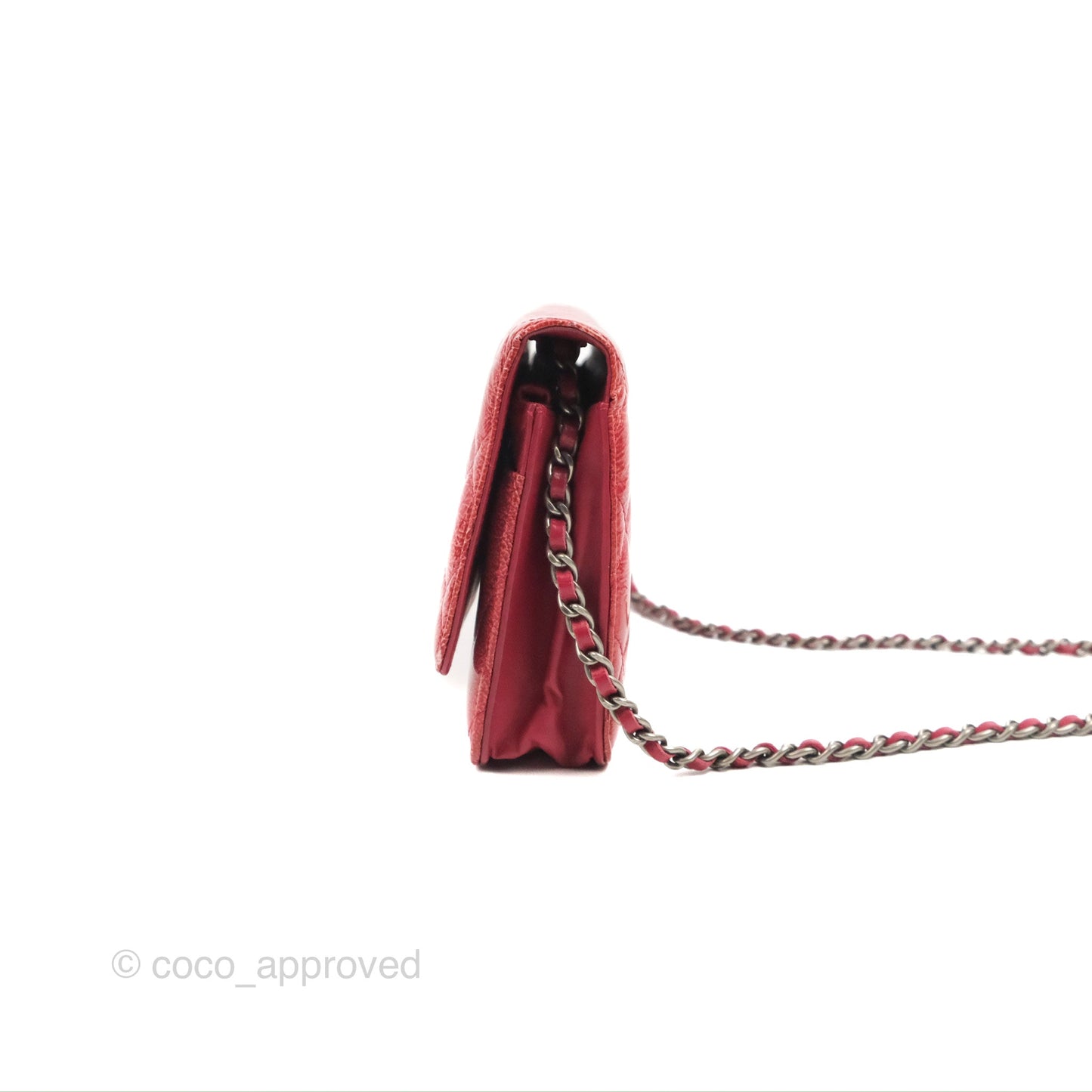 Chanel Quilted Paris Dallas Wallet On Chain WOC Patent Goatskin Cherry Red Ruthenium Hardware