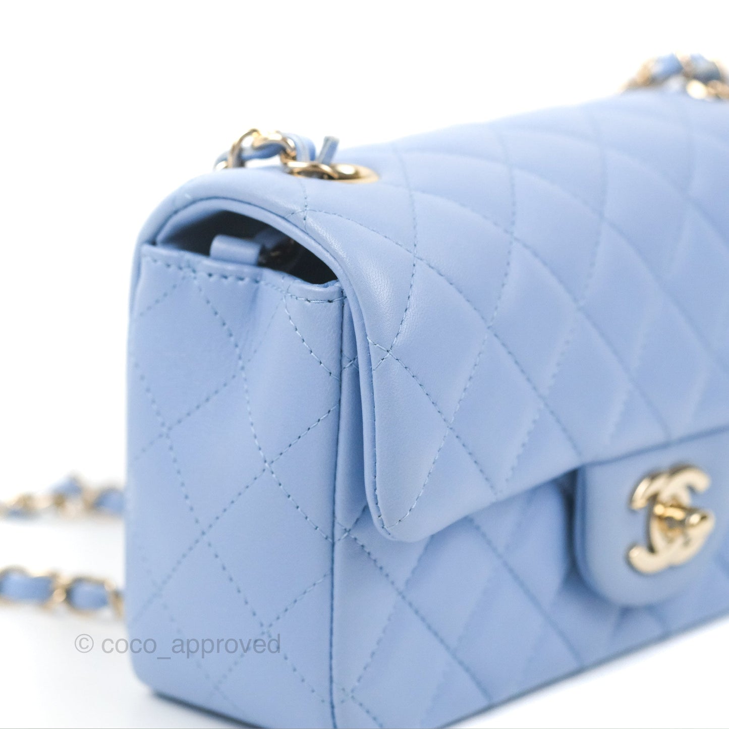 Chanel Quilted Mini Rectangular Flap Sky Blue Lambskin Gold Hardware