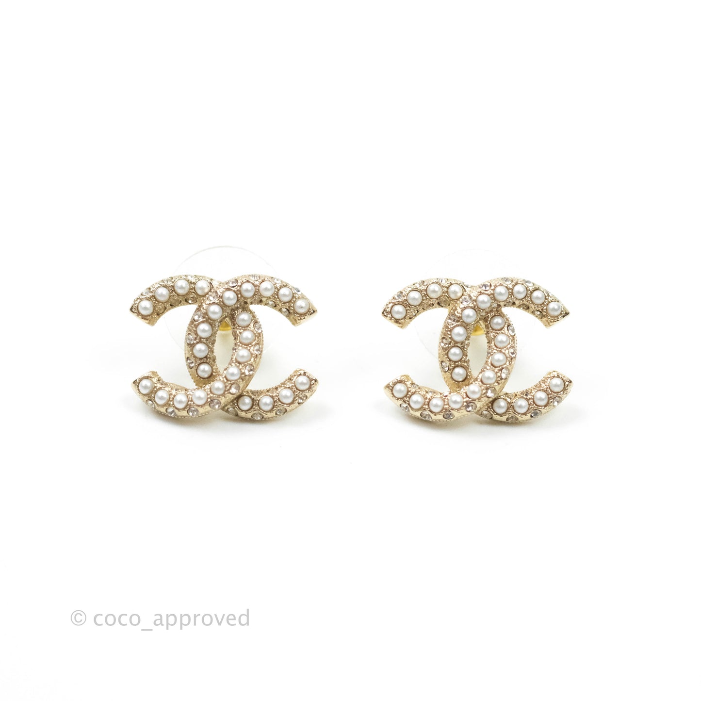 Chanel CC Pearl Rhinestone Earrings Gold Tone 21A
