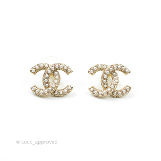 Chanel CC Pearl Rhinestone Earrings Gold Tone 21A
