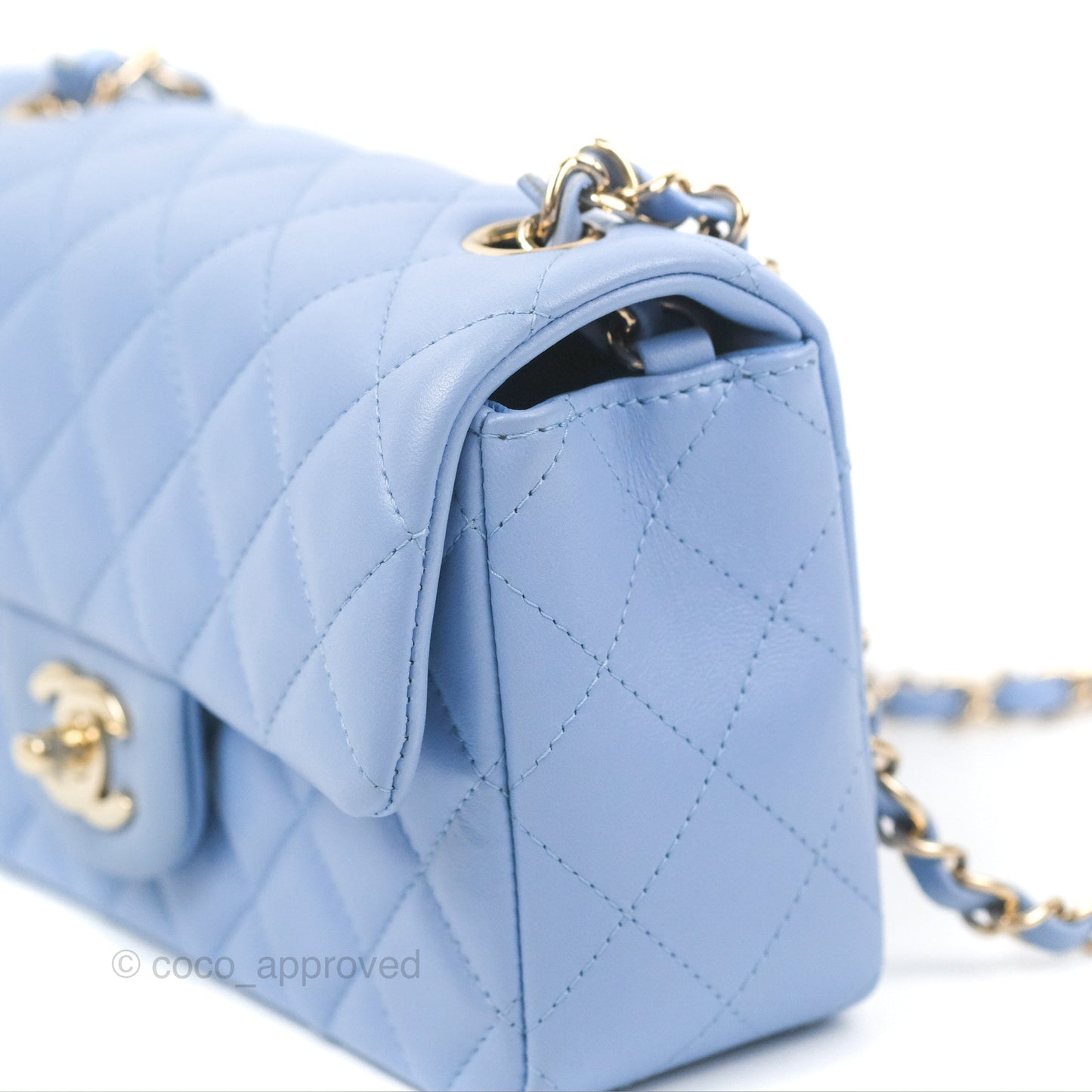 Chanel Quilted Mini Rectangular Flap Sky Blue Lambskin Gold Hardware