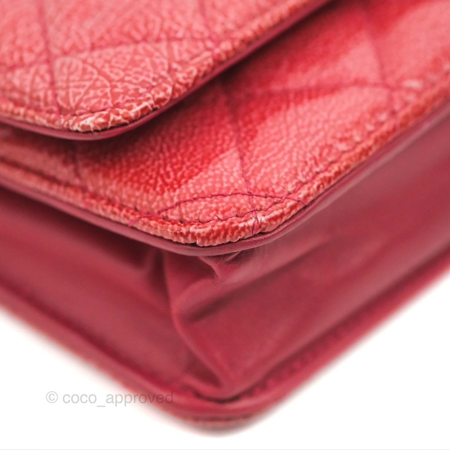 Chanel Quilted Paris Dallas Wallet On Chain WOC Patent Goatskin Cherry Red Ruthenium Hardware
