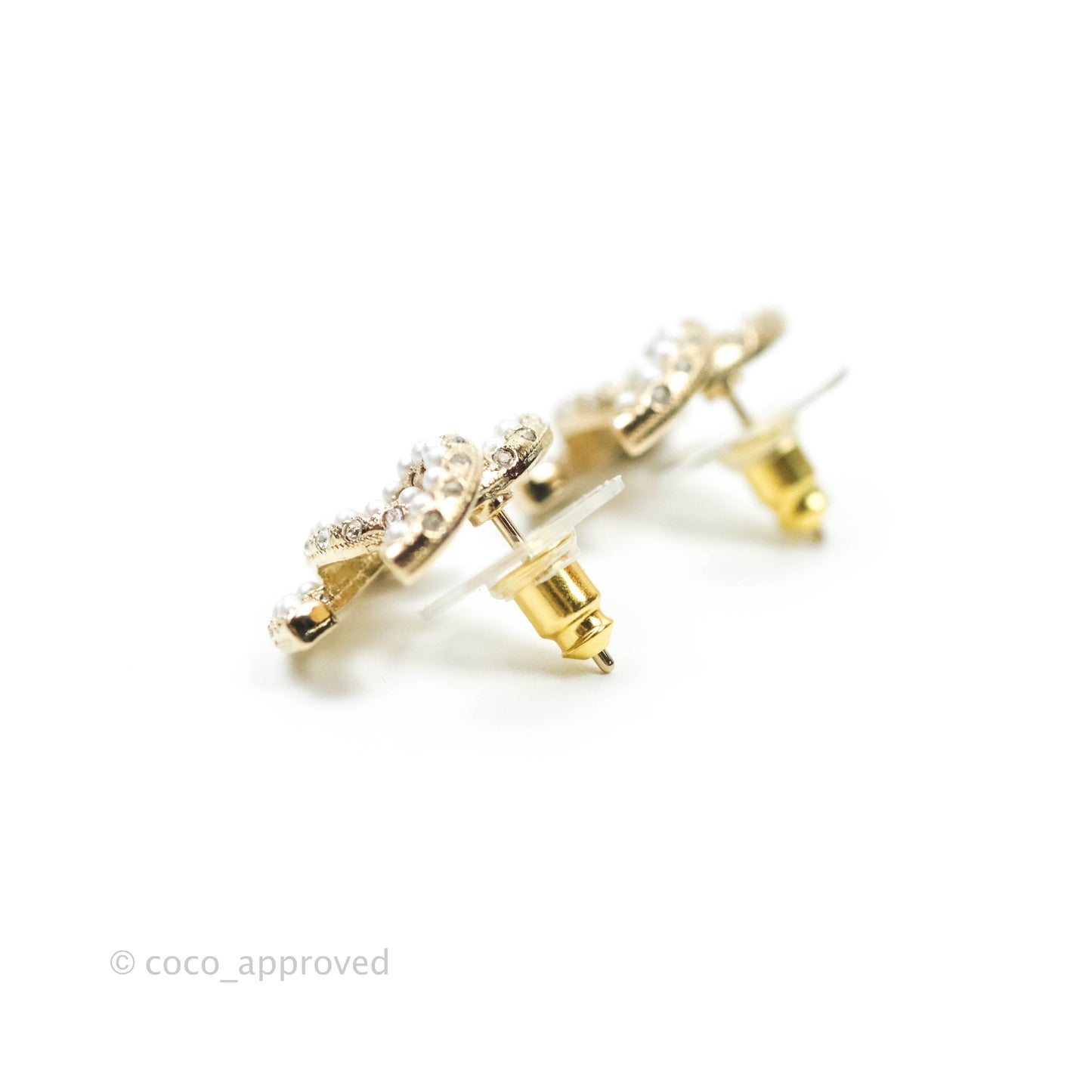 Chanel CC Pearl Rhinestone Earrings Gold Tone 21A