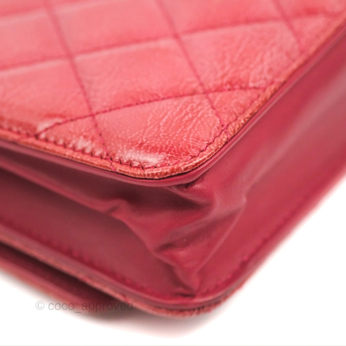 Chanel Quilted Paris Dallas Wallet On Chain WOC Patent Goatskin Cherry Red Ruthenium Hardware