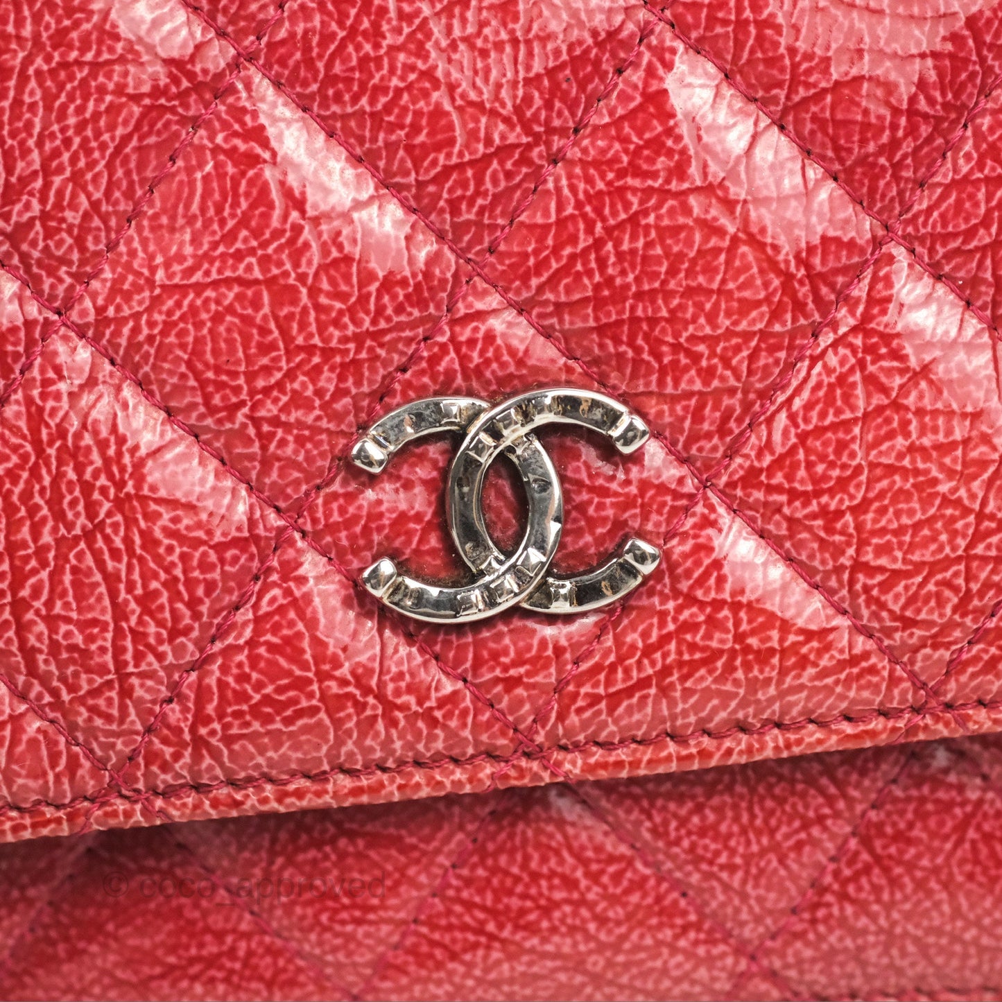 Chanel Quilted Paris Dallas Wallet On Chain WOC Patent Goatskin Cherry Red Ruthenium Hardware