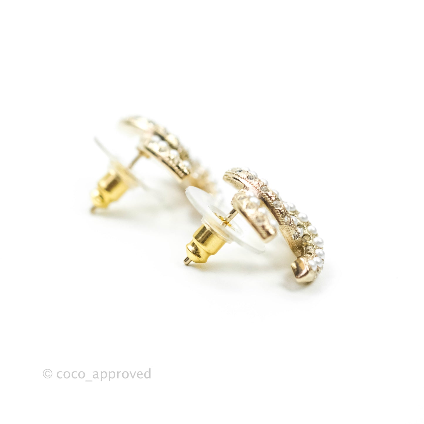 Chanel CC Pearl Rhinestone Earrings Gold Tone 21A