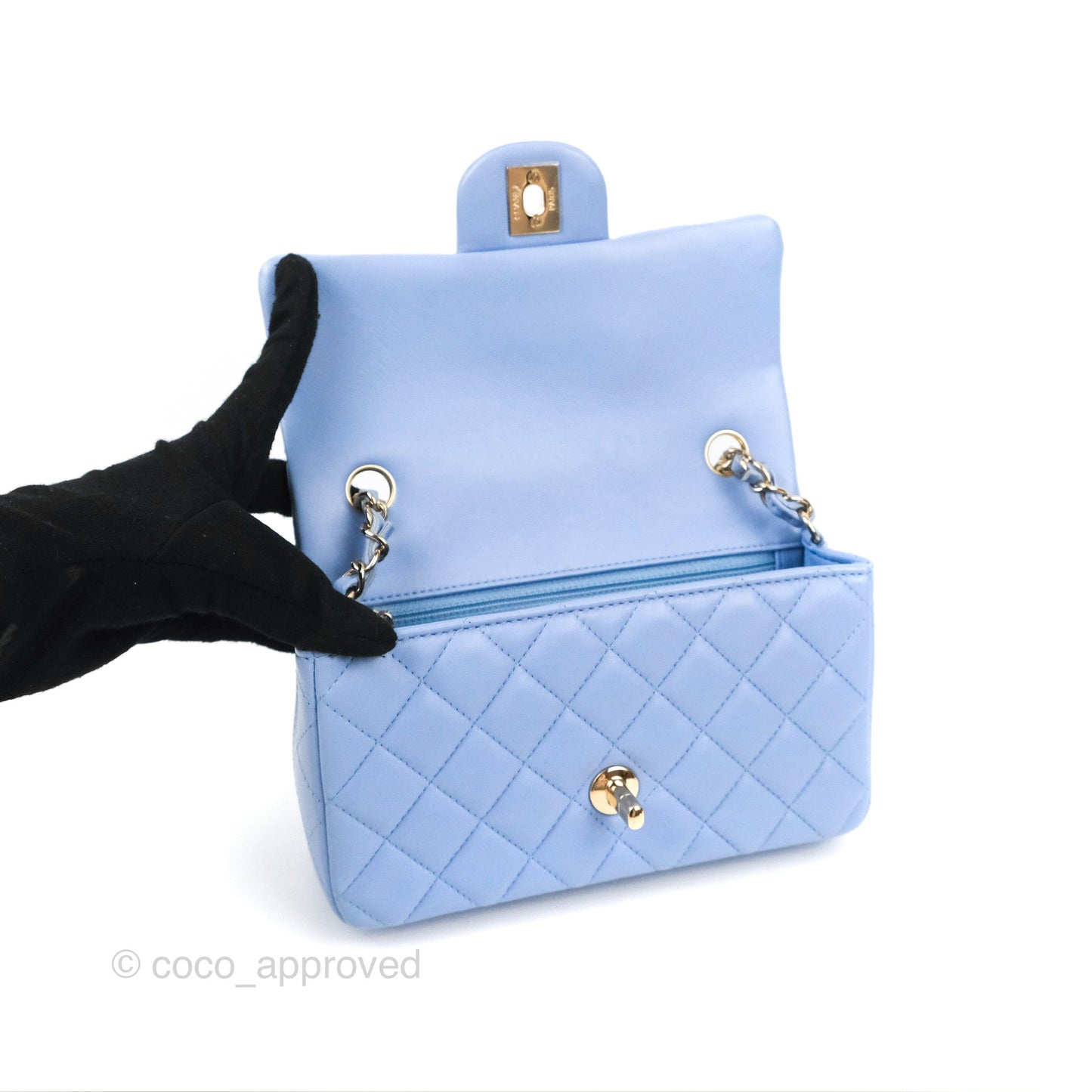 Chanel Quilted Mini Rectangular Flap Sky Blue Lambskin Gold Hardware
